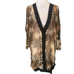 Misook Women’s XL Sheer Leopard-Print Snap Front Cardigan Black Trim Oversized
